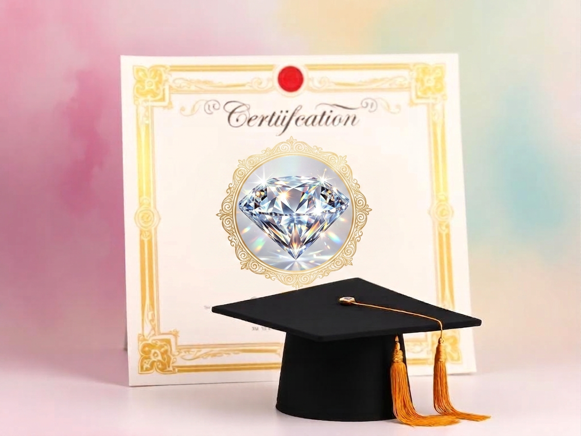 An ornate certificate with gold border, wax seal ribbon and diamond accent on a cool pastel rainbow watercolor wash