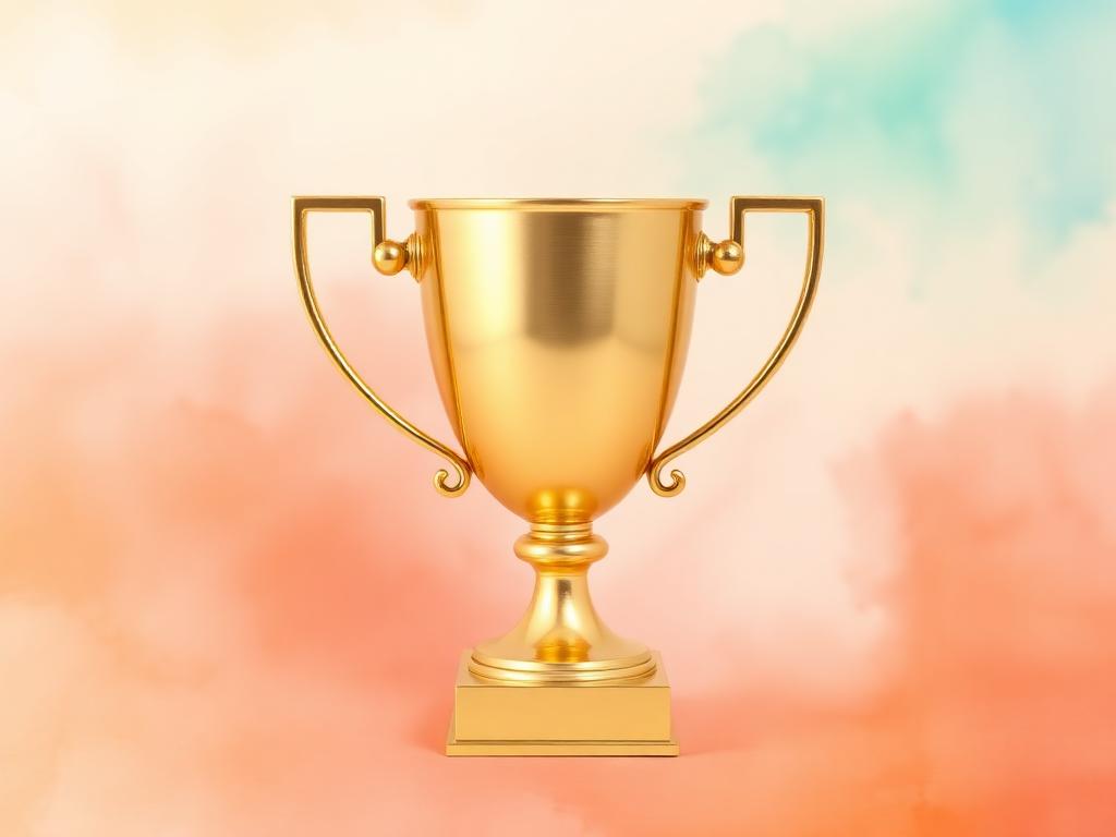 An elegant gold trophy cup on a warm pastel rainbow watercolor wash