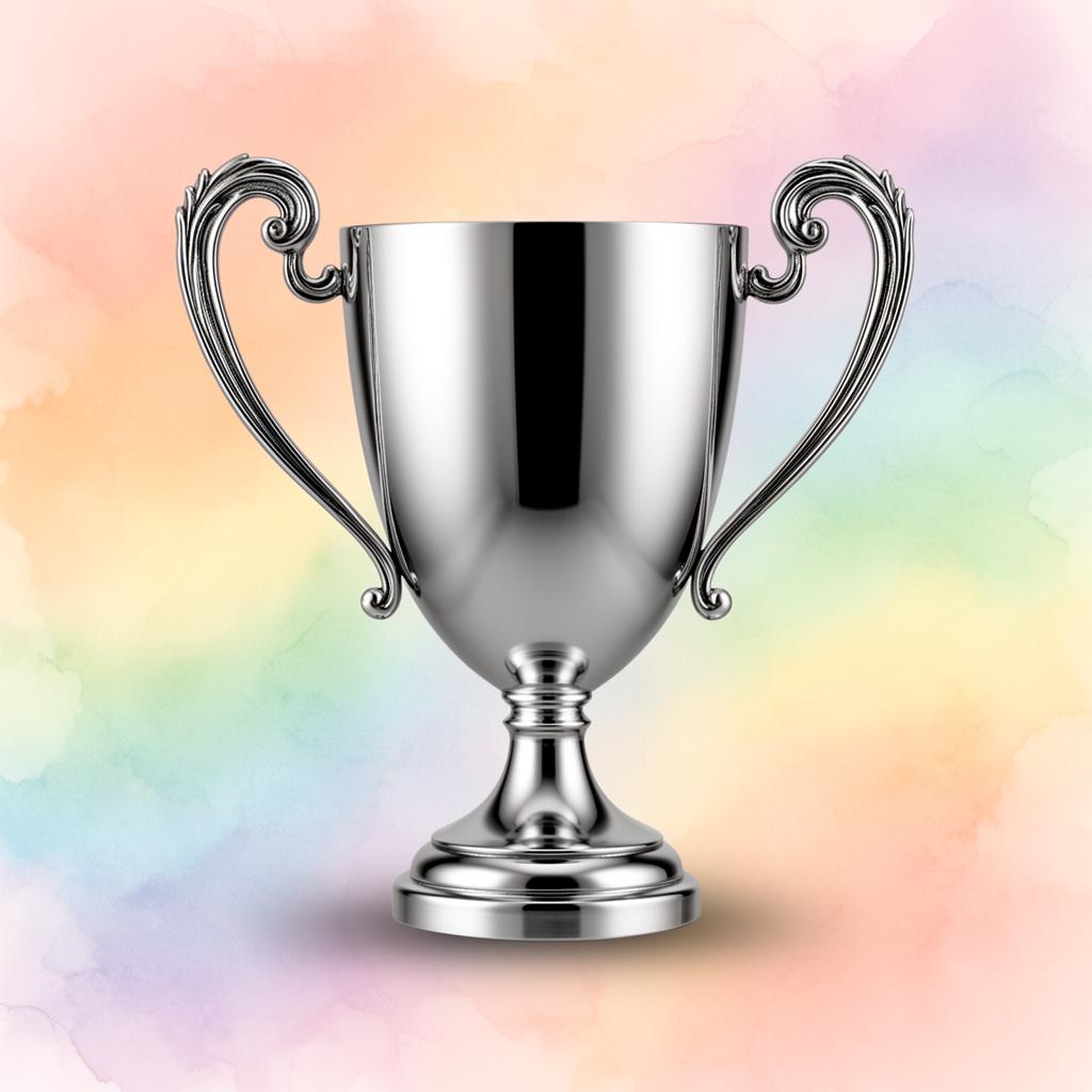 An elegant silver trophy cup on a soft pastel rainbow watercolor wash