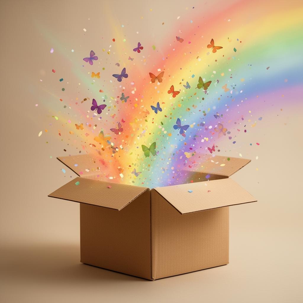 An open box releasing a rainbow burst of light, butterflies and confetti — a symbol of unboxing a child's true self